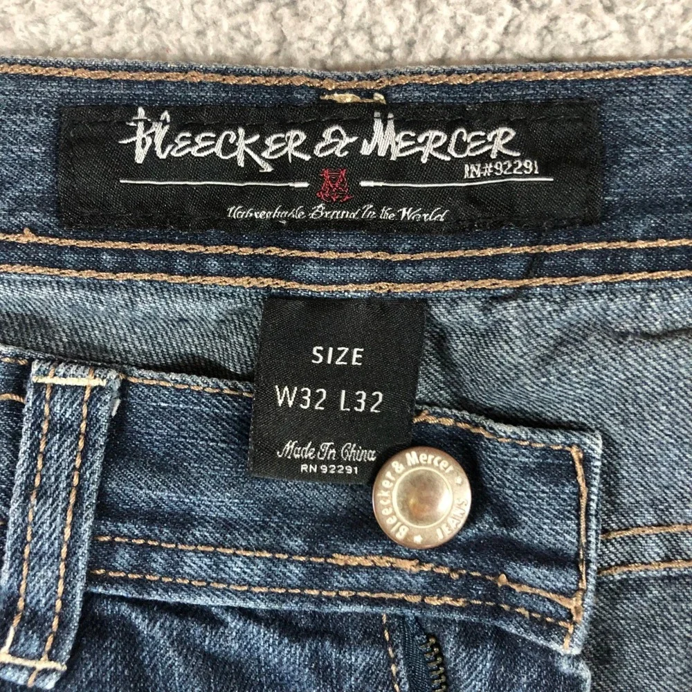 Bleecker & Mercer Mens Distressed Straight Leg Jeans Blue Ripped W32 L32